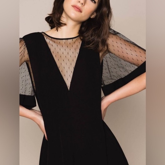 NWT Twinset Short Sleeve Flounce Mini Dress Black Swiss Dot Illusion Sz 42 - Picture 2 of 16